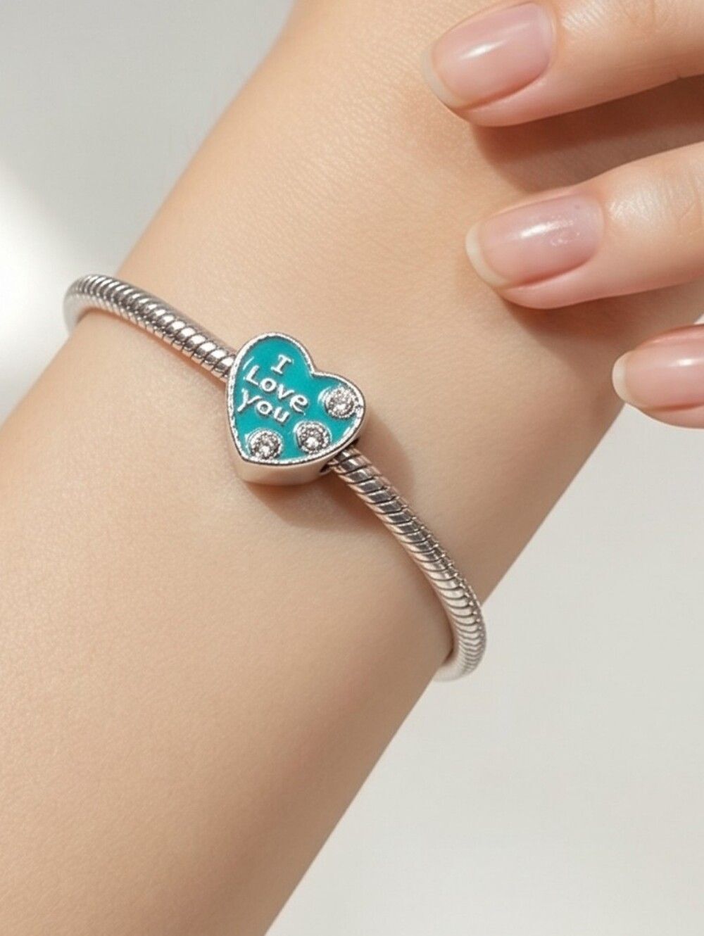 I Love You Heart Charm Bead Teal Enamel Silver Bracelet Pendant Compatible